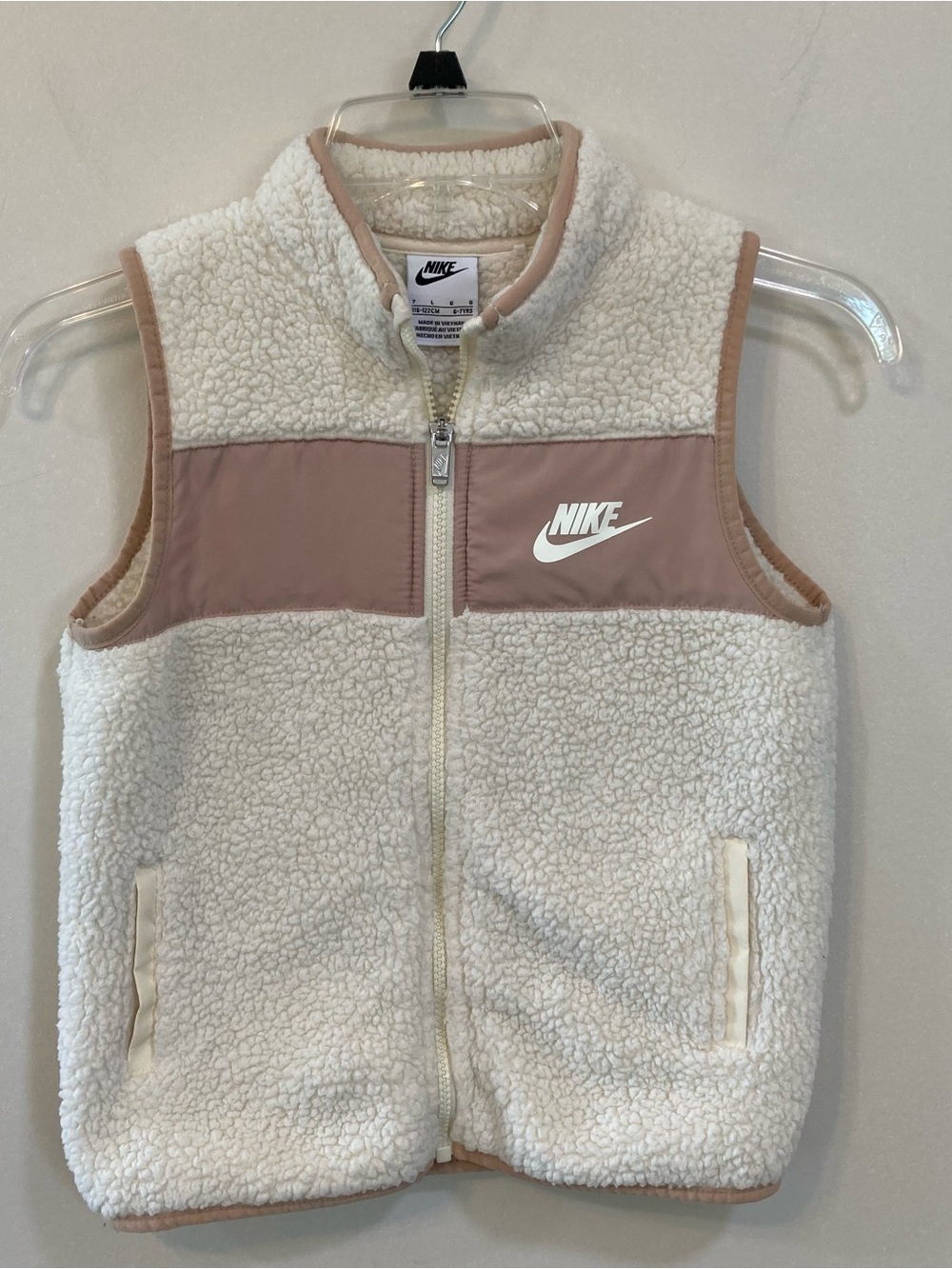 Nike Girls Sherpa Fleece Vest Sz 7 Full Zip Cream Mauve Pockets